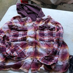 SO Maroon and Yellow Plaid Button-Down Shirt with Hood